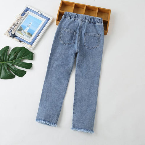 Spring And Autumn Embroidered Girls Jeans Slim-Fit Casual Pants